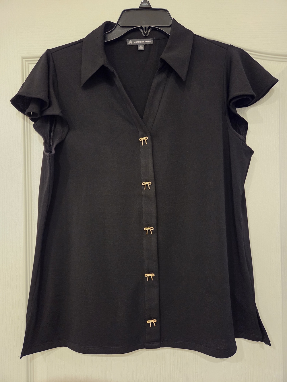 Adrianna Papell Black Short Sleeve Button-Down Top with Gold Bow Accents
